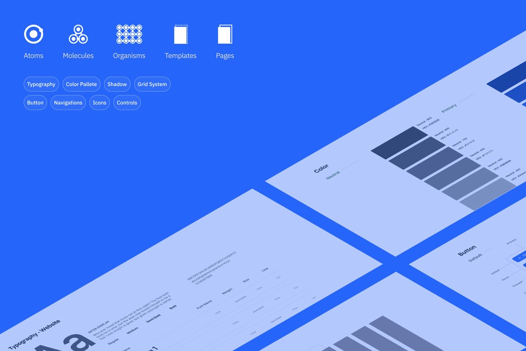 Cover artwork for the atomic design system — Atoms, Molecules, Organisms, Templates and Pages — over spreads of the colour palette, typography and button specs on a blue background