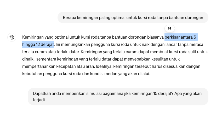 Tangkapan layar ChatGPT tentang kemiringan optimal kursi roda